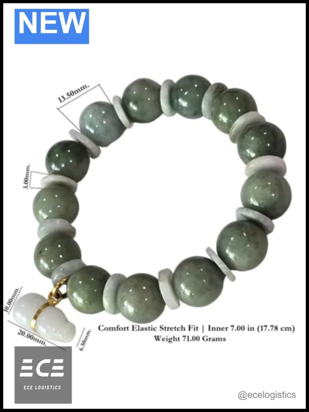 Green Jade Beaded Stretch Bracelet White Gourd Charm Feng Shui
